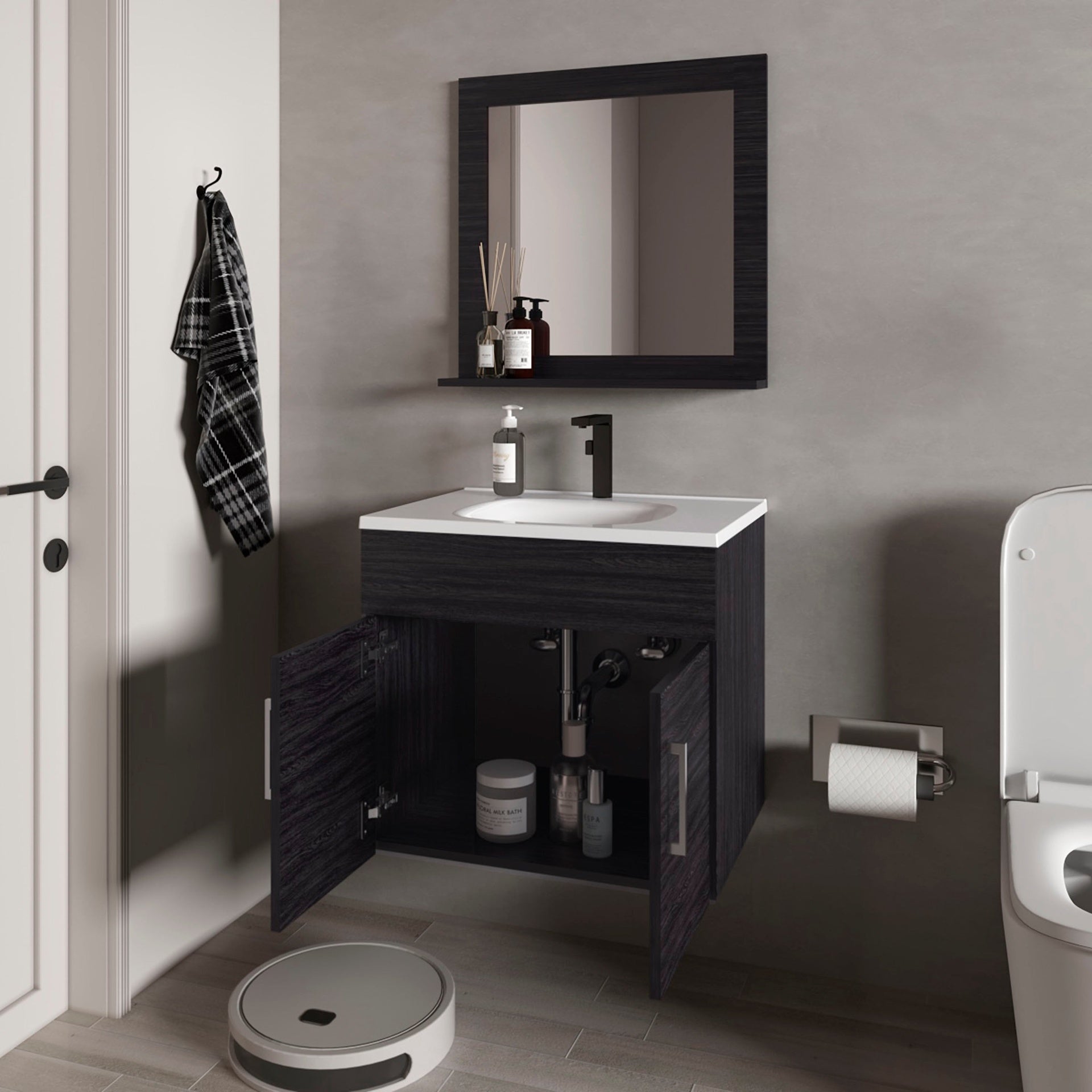 Wengue 2-Door Floating Bathroom Vanity Set with Sink and Mirror