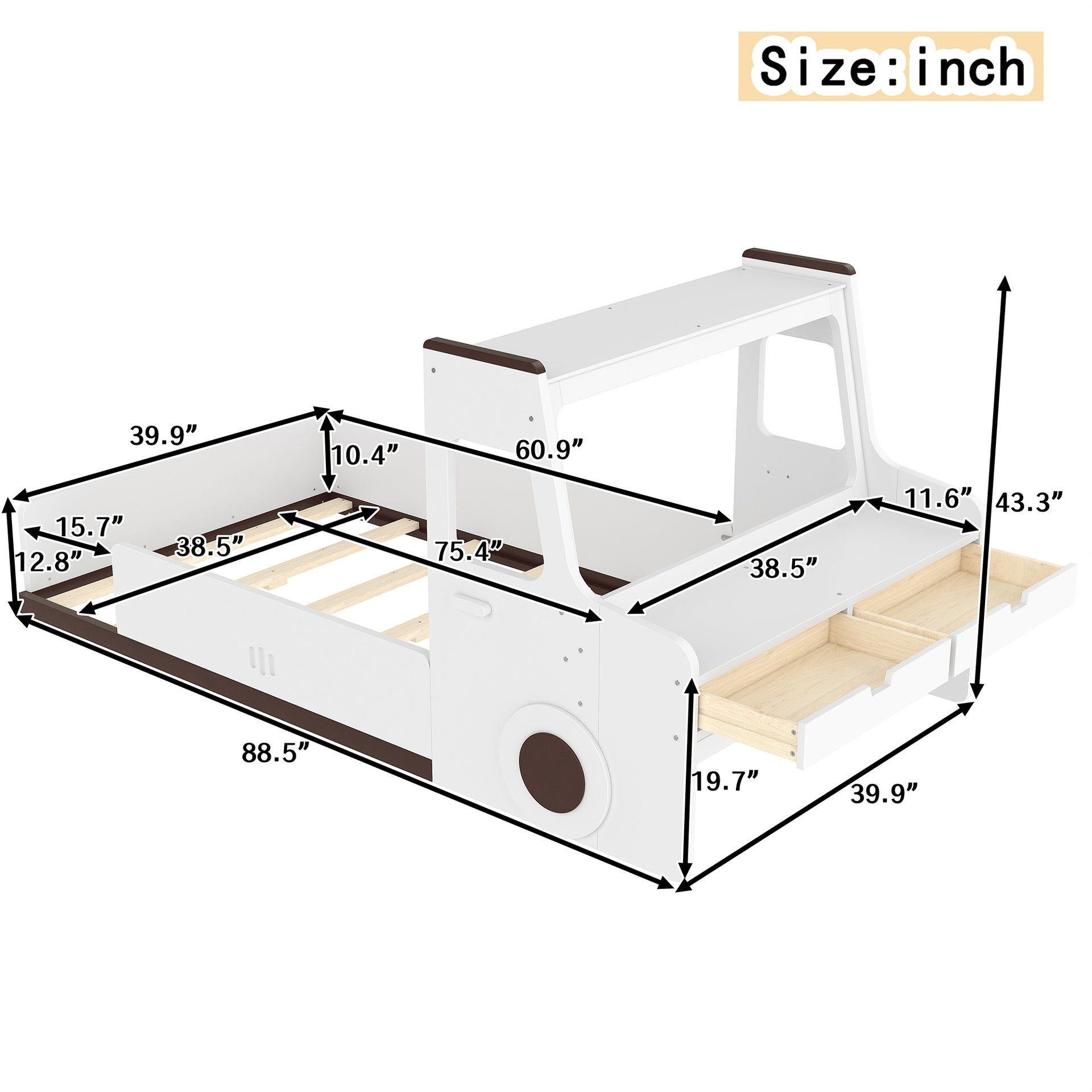 Twin Size Floor Bed with Interesting Car-shape Design, Kids Car Floor Bed with Storage Drawers, Window, and Desk, Childlike Design, White