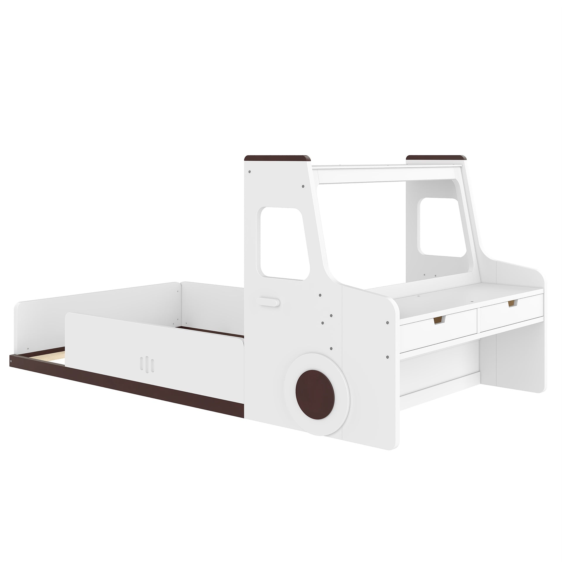 Twin Size Floor Bed with Interesting Car-shape Design, Kids Car Floor Bed with Storage Drawers, Window, and Desk, Childlike Design, White