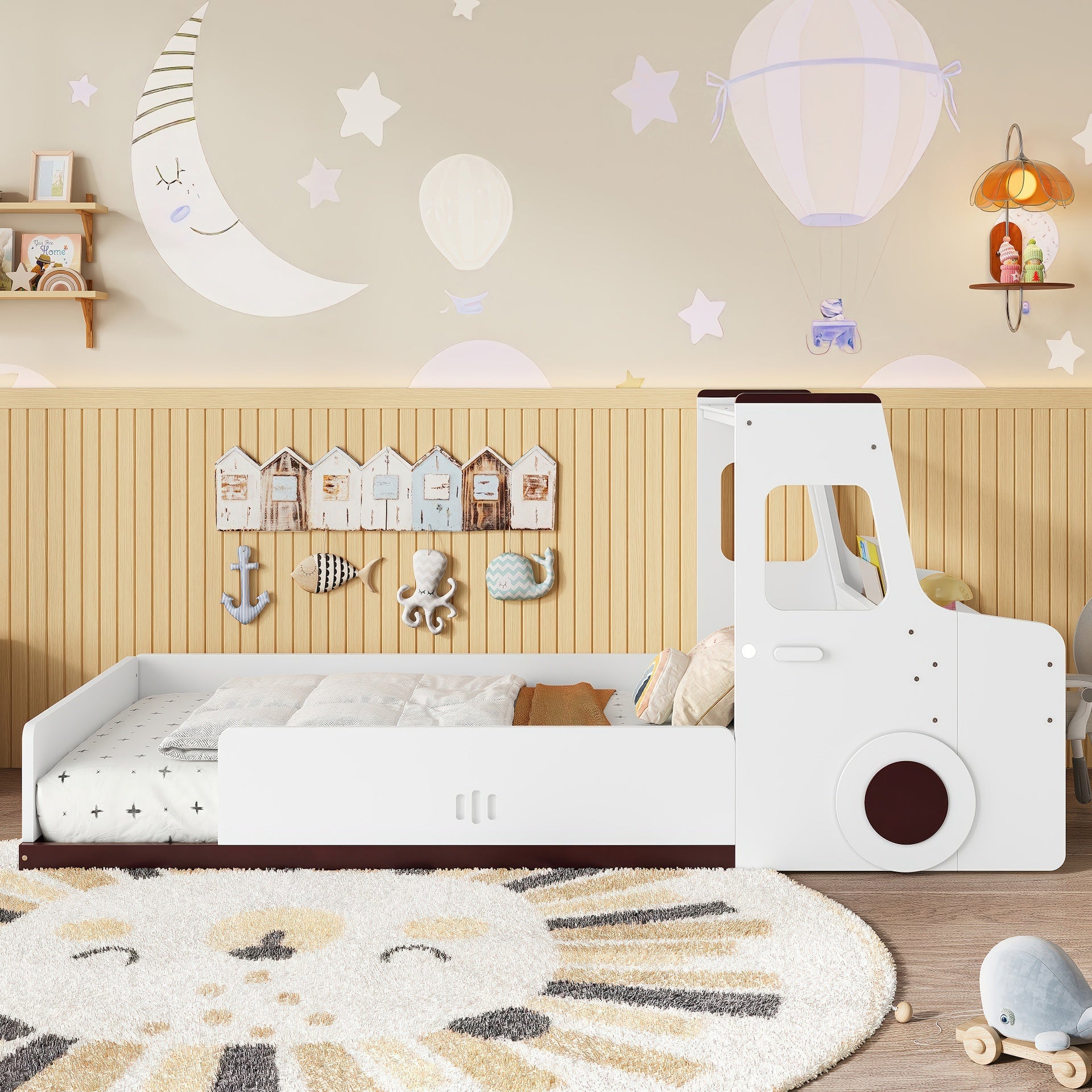 Twin Size Floor Bed with Interesting Car-shape Design, Kids Car Floor Bed with Storage Drawers, Window, and Desk, Childlike Design, White