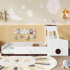 Twin Size Floor Bed with Interesting Car-shape Design, Kids Car Floor Bed with Storage Drawers, Window, and Desk, Childlike Design, White