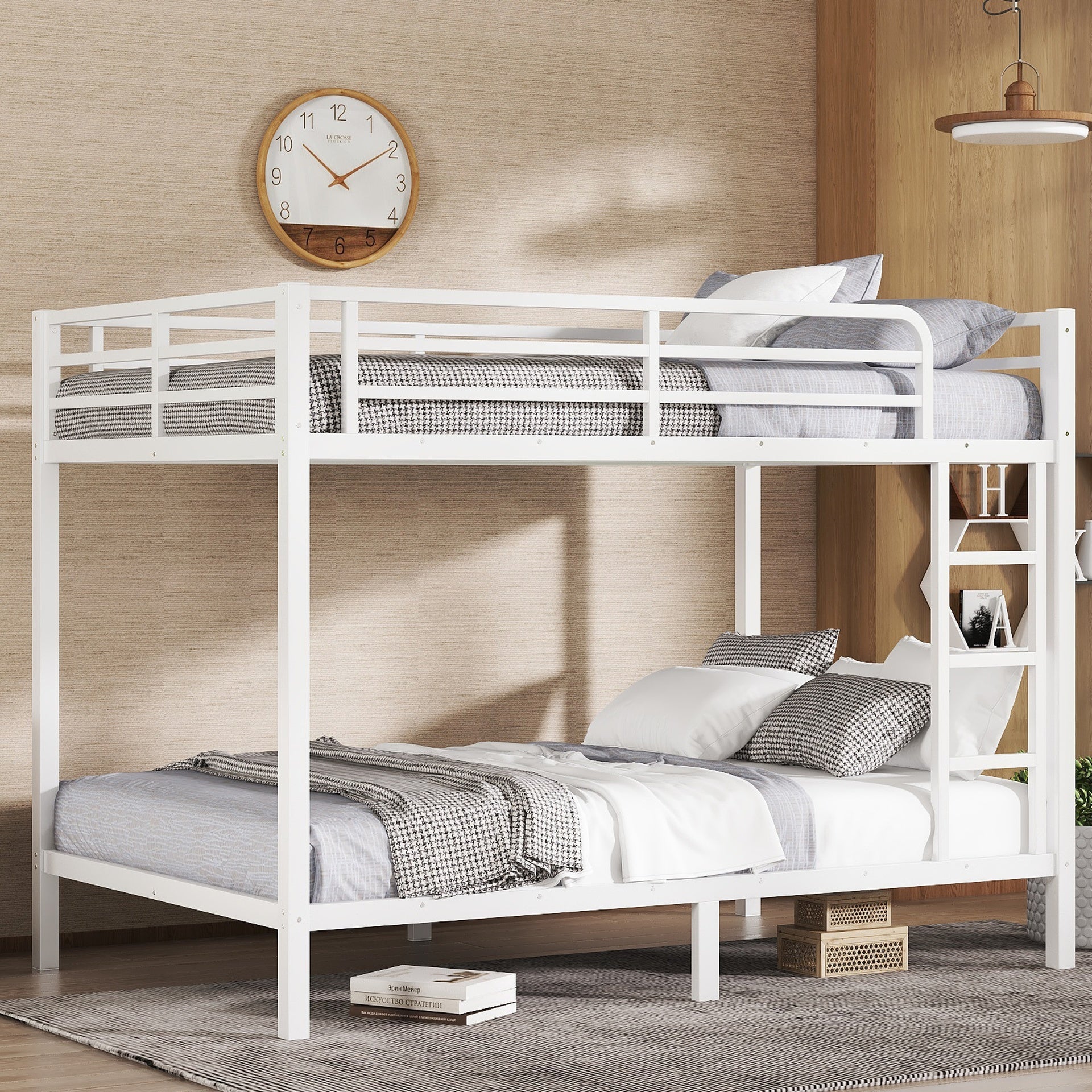 Metal Full XL over Full XL Bunk Bed for Teens and Adults,Space-Saving/Noise Reduced/No Box Spring Needed, White