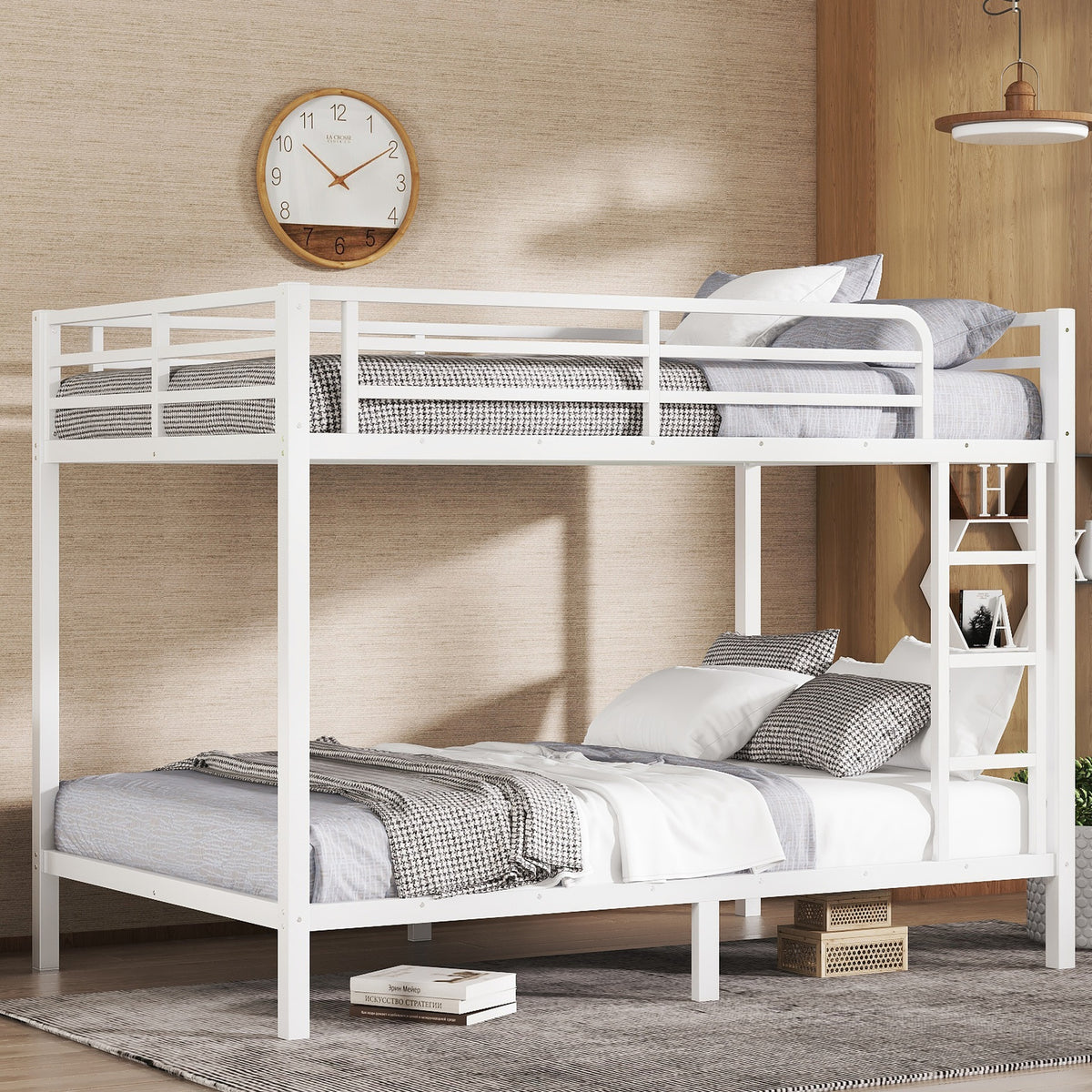 Metal Full XL over Full XL Bunk Bed for Teens and Adults,Space-Saving/Noise Reduced/No Box Spring Needed, White