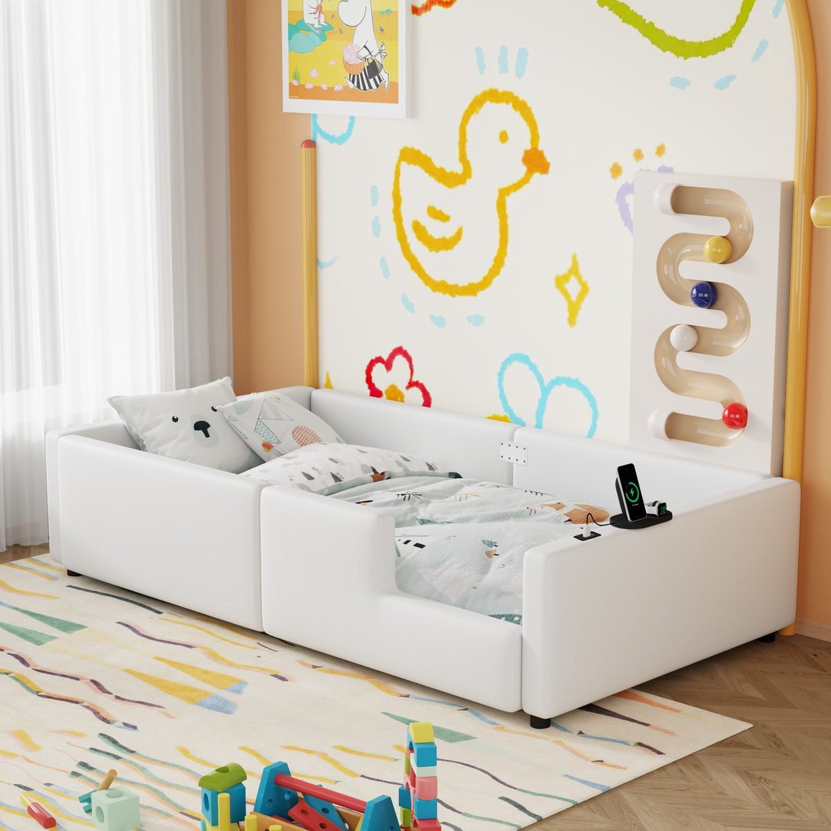 Twin Size Upholstered Platform Bed with Guardrail and Charging Station, White