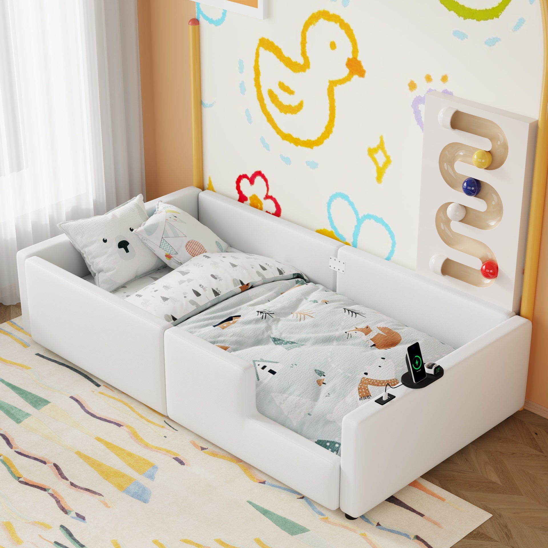 Twin Size Upholstered Platform Bed with Guardrail and Charging Station, White