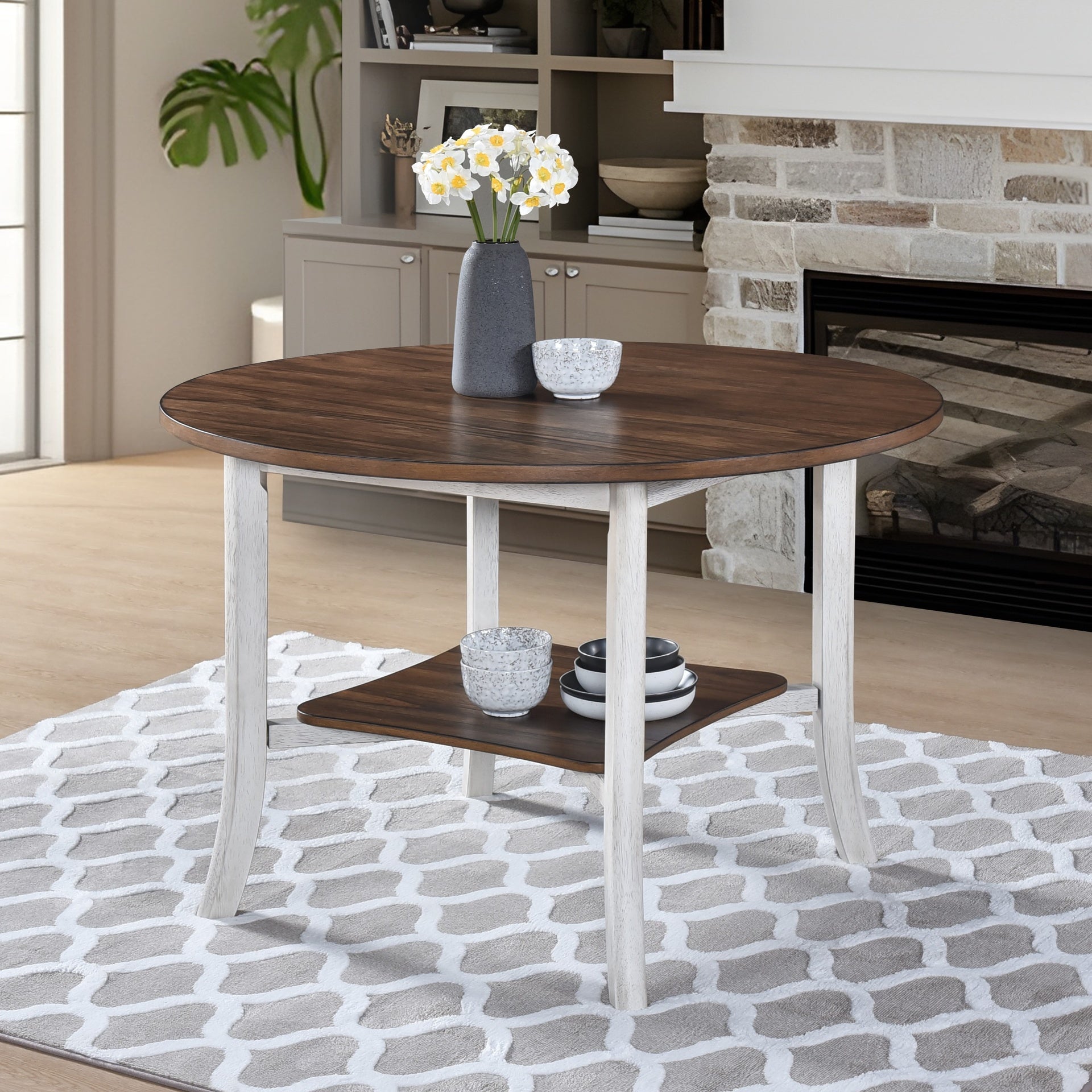 45.7" Round Dining Table with Storage Shelf, Modern Farmhouse Style, 30" Height, Rustic Dark Wood Top