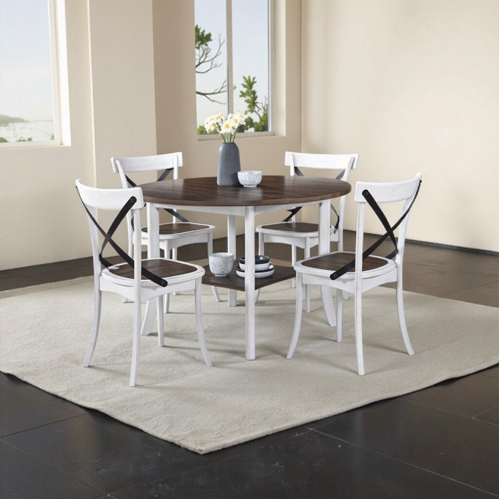 45.7" Round Dining Table with Storage Shelf, Modern Farmhouse Style, 30" Height, Rustic Dark Wood Top