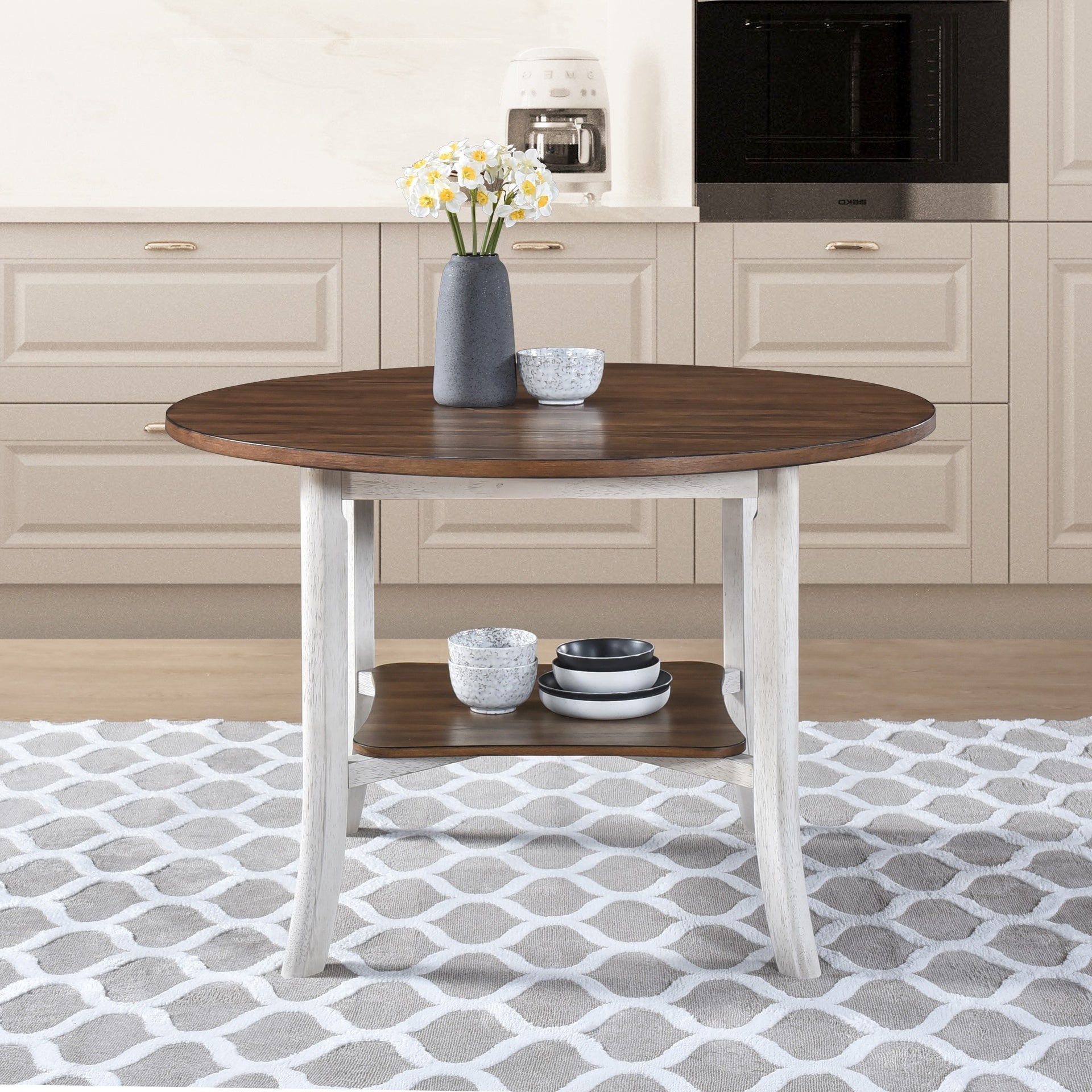 45.7" Round Dining Table with Storage Shelf, Modern Farmhouse Style, 30" Height, Rustic Dark Wood Top