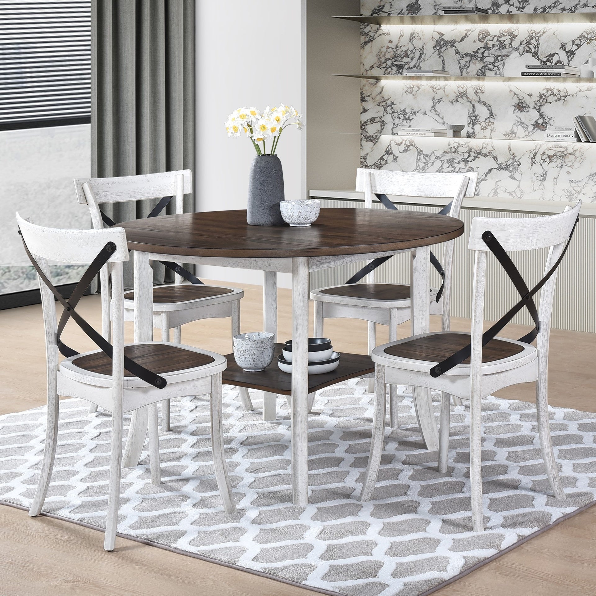 WOODHOMER 5-Piece Round Dining Set, 1 Table with 4 X-Back Chairs, Two-Tone Antique White & Walnut Finish, Space-Saving Kitchen & Dining Furniture