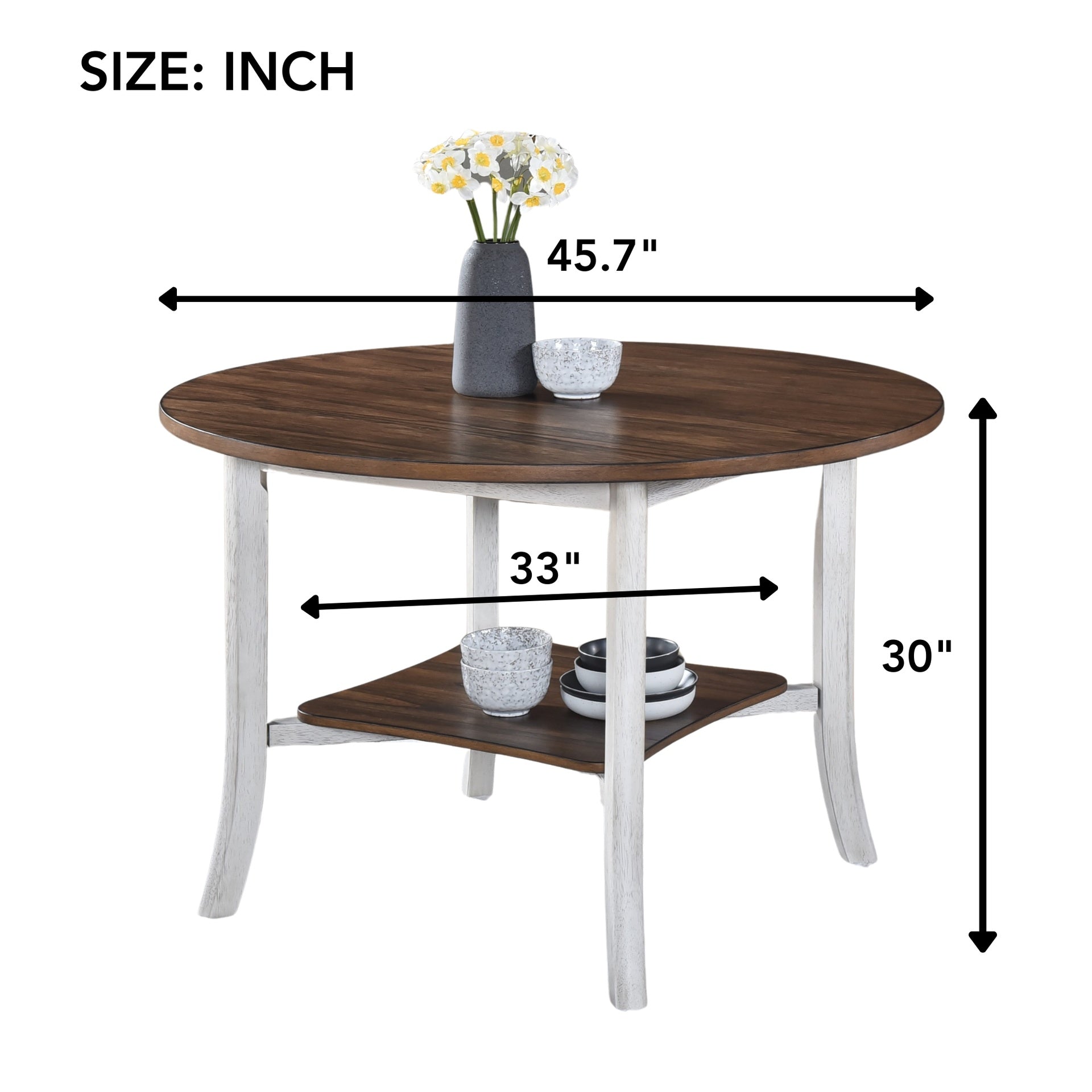 WOODHOMER 5-Piece Round Dining Set, 1 Table with 4 X-Back Chairs, Two-Tone Antique White & Walnut Finish, Space-Saving Kitchen & Dining Furniture