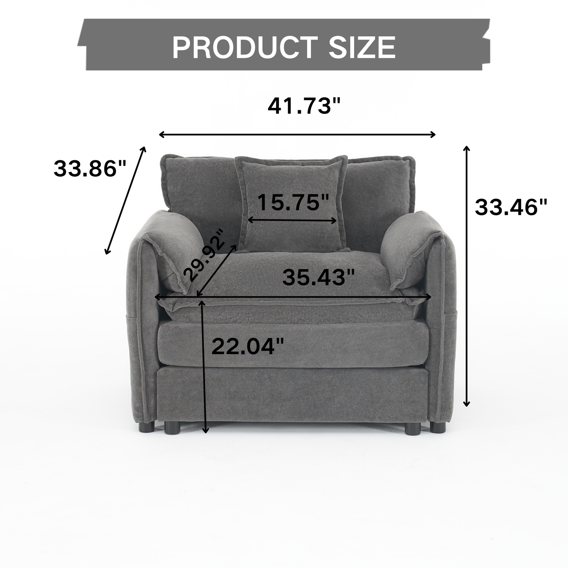 Oversized 41.73" Sofa Chair, Modern Upholstered Armchair with 1 Toss Pillow, Modular Sectional Sofa for Living Room, Deep Seat Reading Sofa for Bedroom Apartment, DIY Combination Chenille,Grey