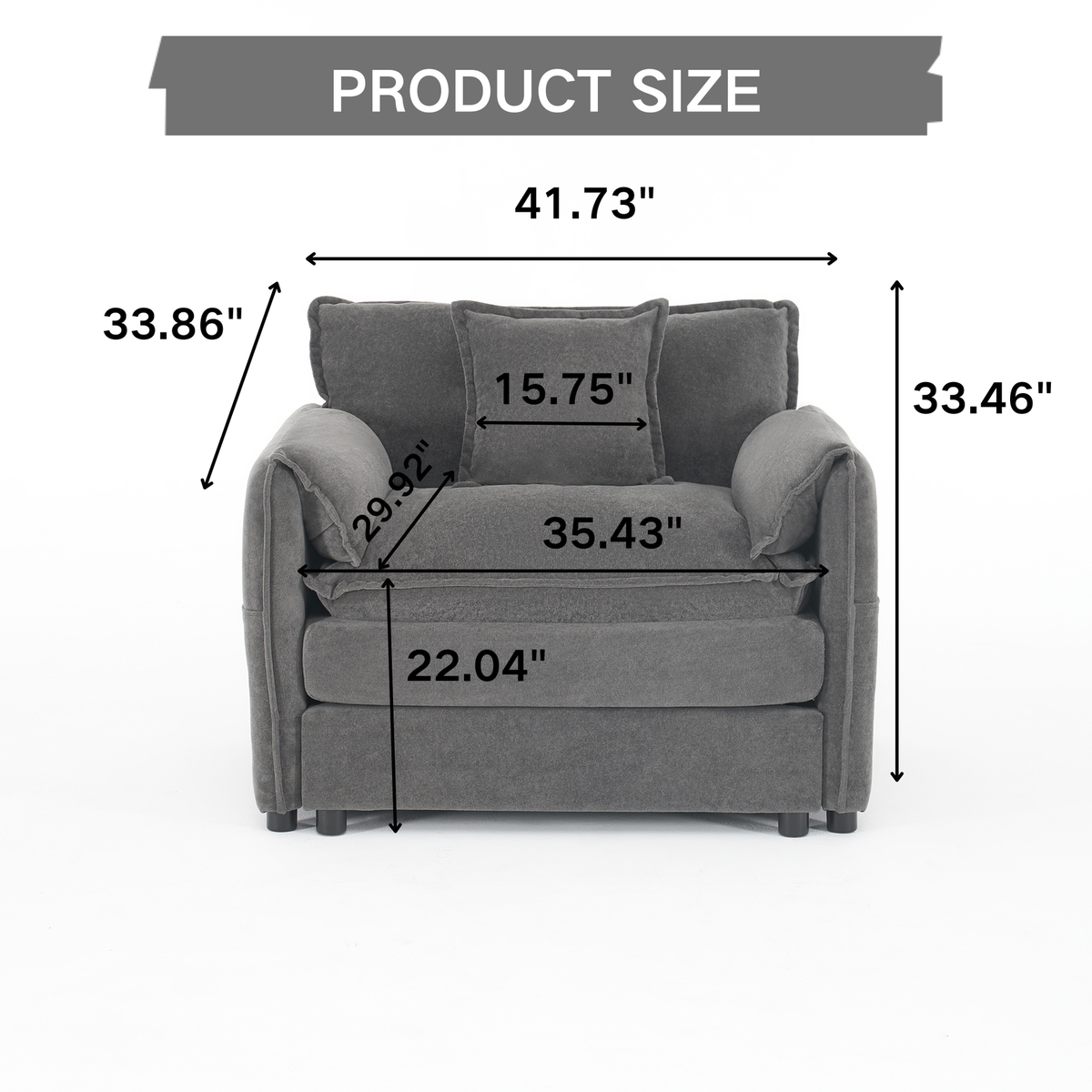 Oversized 41.73" Sofa Chair, Modern Upholstered Armchair with 1 Toss Pillow, Modular Sectional Sofa for Living Room, Deep Seat Reading Sofa for Bedroom Apartment, DIY Combination Chenille,Grey