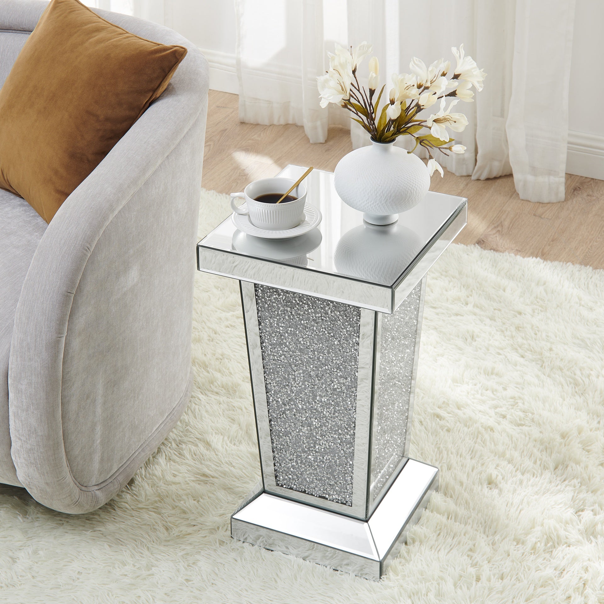Silver Mirrored End Table With Crystal Inlay, Modern Side Table ,Accent Table, Square Small Coffee Table for Living Room, Bedroom,Office, Hallway, Entryway. 13.8"W x 13.8"D x 23.6"H
