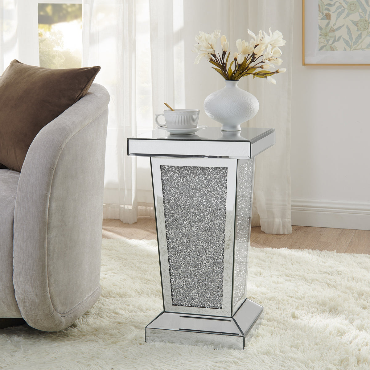 Silver Mirrored End Table With Crystal Inlay, Modern Side Table ,Accent Table, Square Small Coffee Table for Living Room, Bedroom,Office, Hallway, Entryway. 13.8"W x 13.8"D x 23.6"H