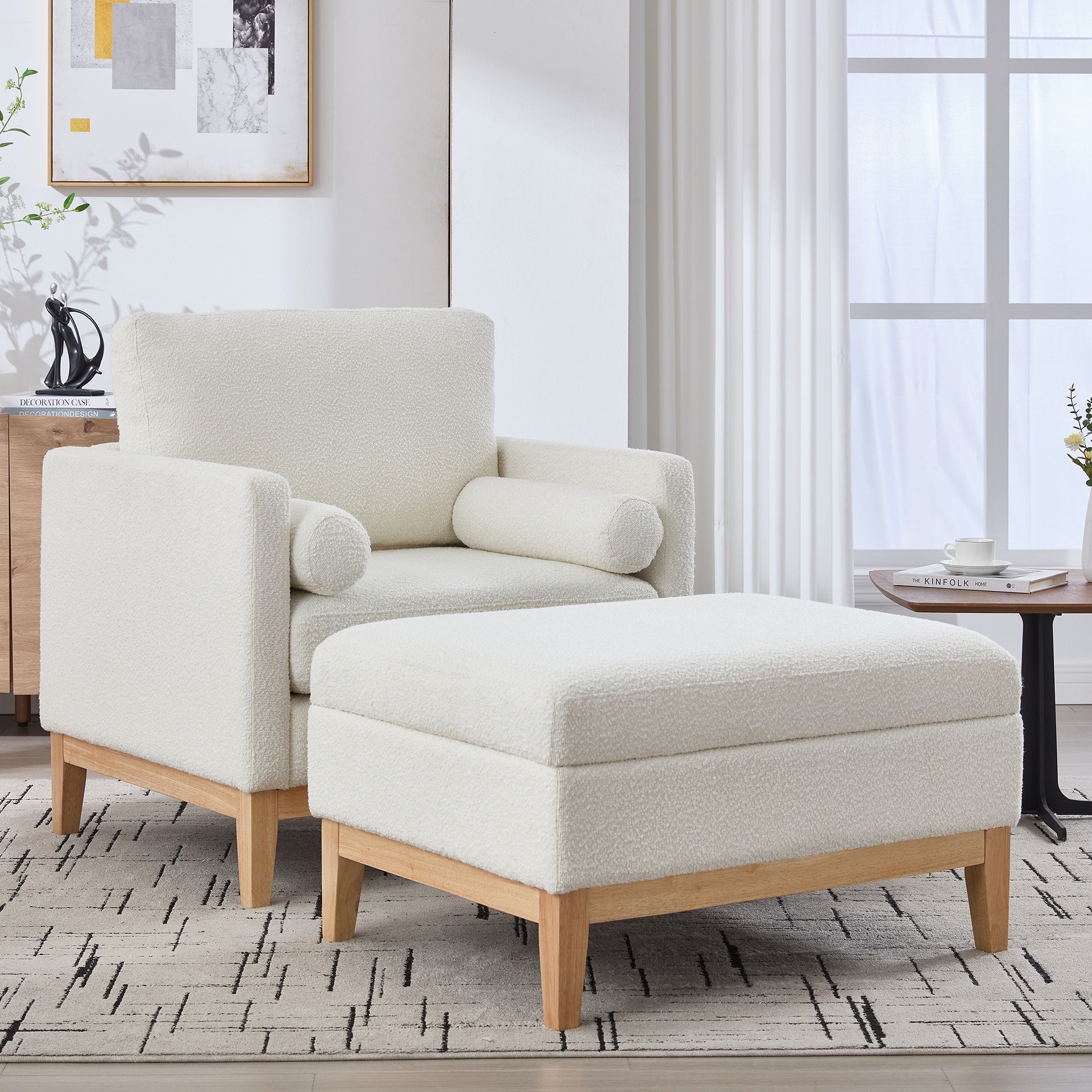 35.4 "Wide Farmhouse Performance Upholstered Wood Base Square Accent Arm Chair with Ottoman Natural Wood Legs with Reversible Lid Coffee Table for Living Room Office and Lounge, Ivory Boucle.