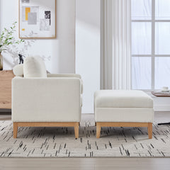 35.4 "Wide Farmhouse Performance Upholstered Wood Base Square Accent Arm Chair with Ottoman Natural Wood Legs with Reversible Lid Coffee Table for Living Room Office and Lounge, Ivory Boucle.