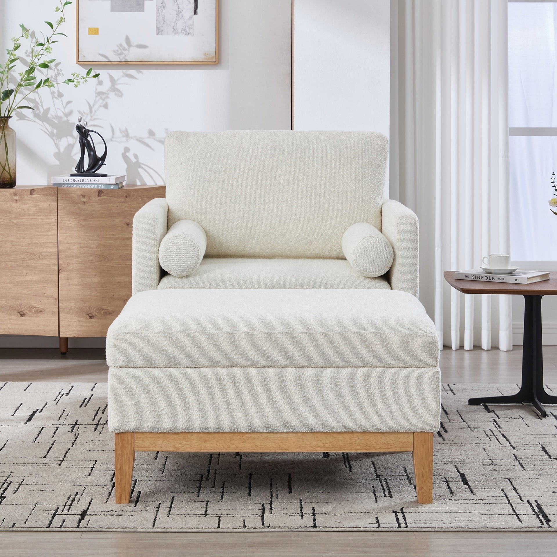 35.4 "Wide Farmhouse Performance Upholstered Wood Base Square Accent Arm Chair with Ottoman Natural Wood Legs with Reversible Lid Coffee Table for Living Room Office and Lounge, Ivory Boucle.