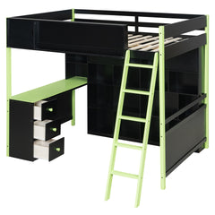Full Size Wood Loft Bed with Desk, Ample Storage Space and Light, Green