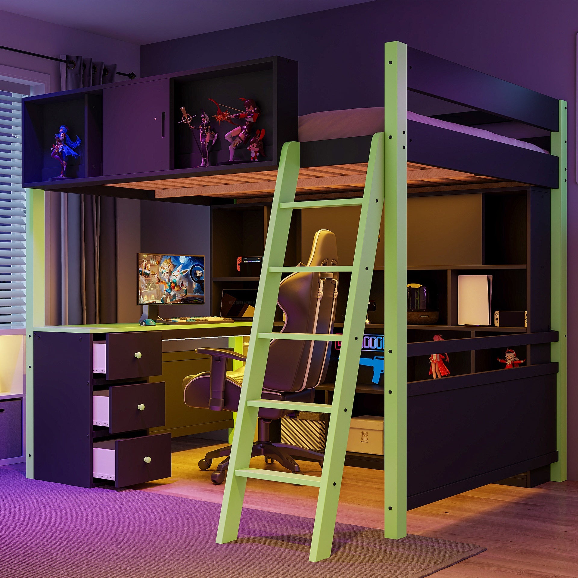 Full Size Wood Loft Bed with Desk, Ample Storage Space and Light, Green