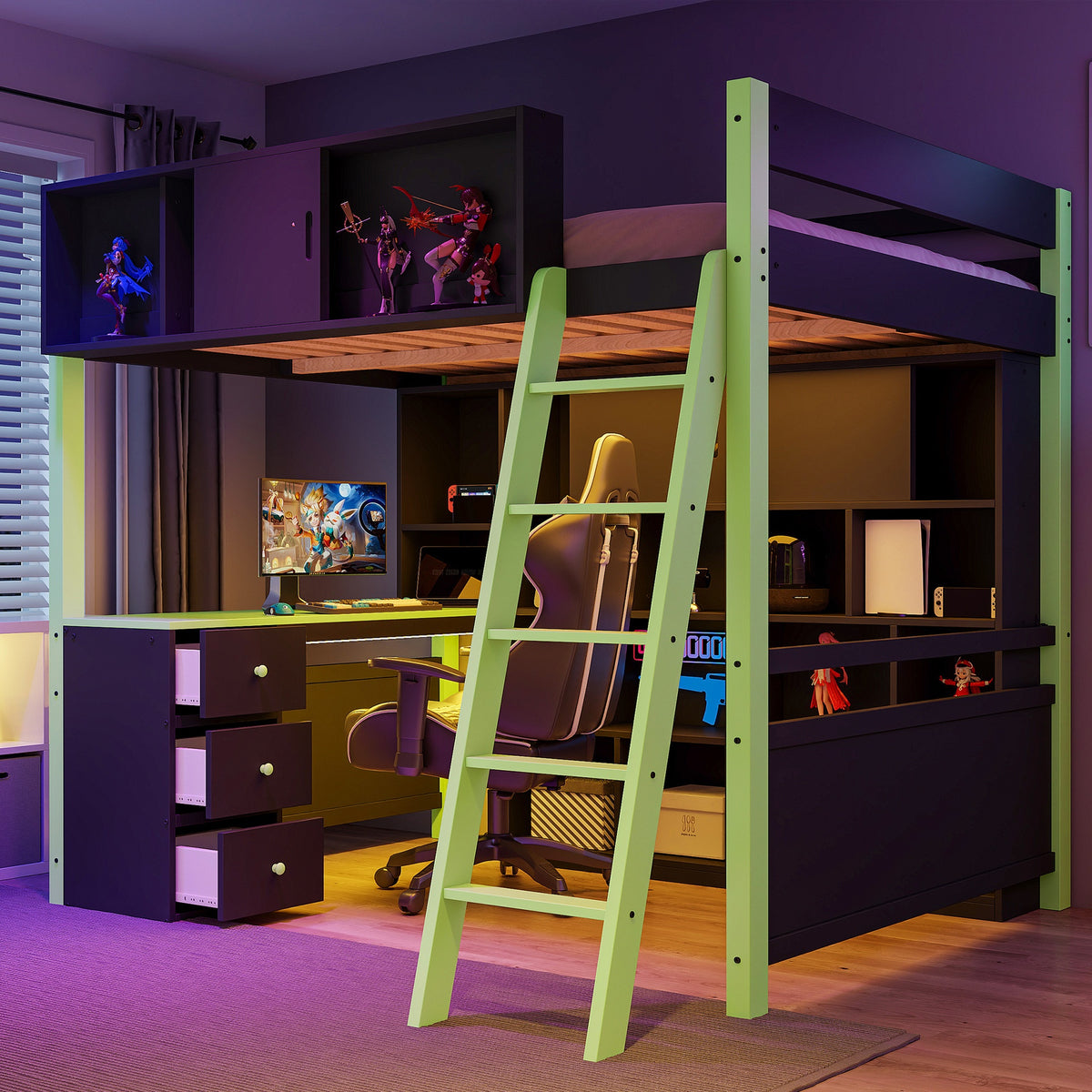 Full Size Wood Loft Bed with Desk, Ample Storage Space and Light, Green