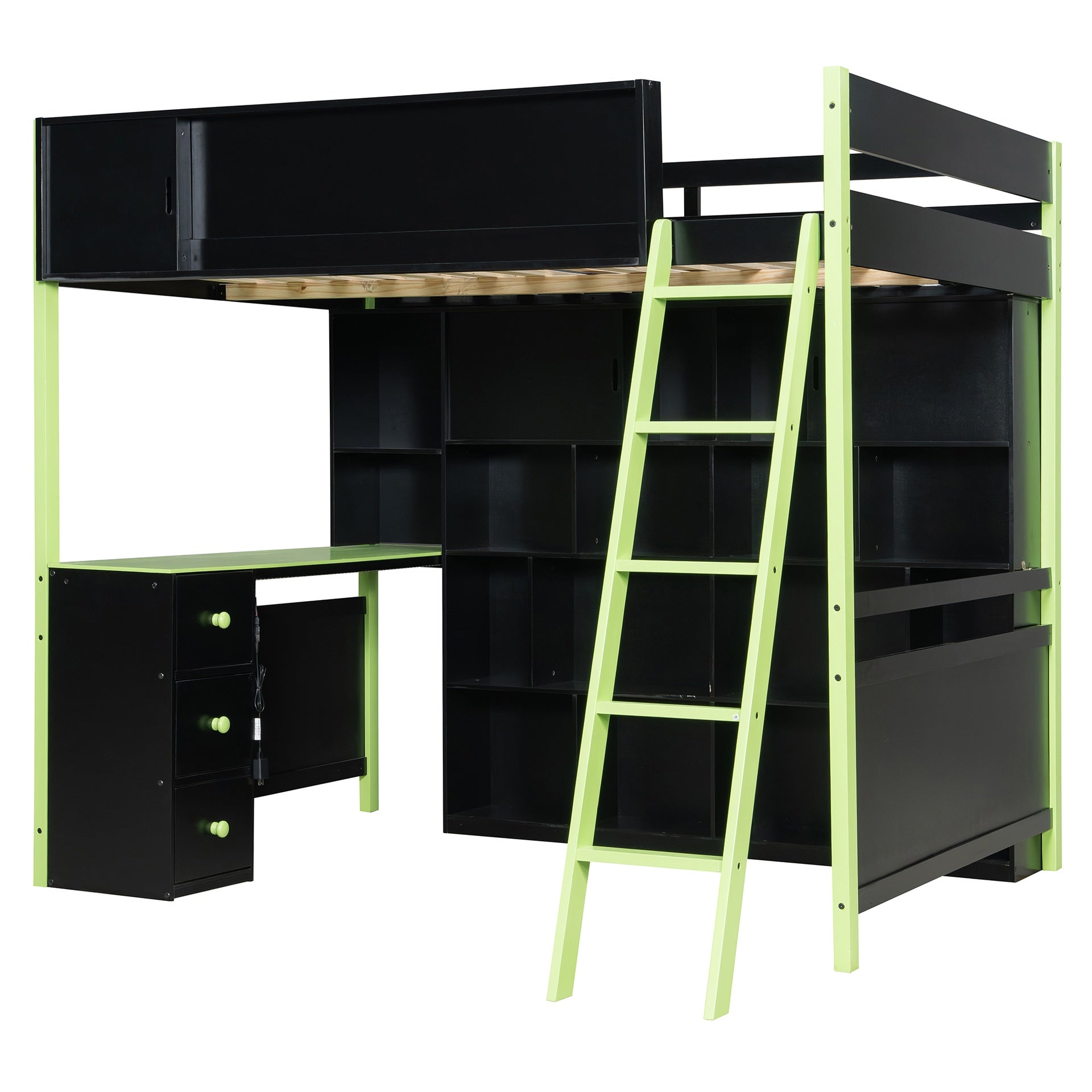 Full Size Wood Loft Bed with Desk, Ample Storage Space and Light, Green
