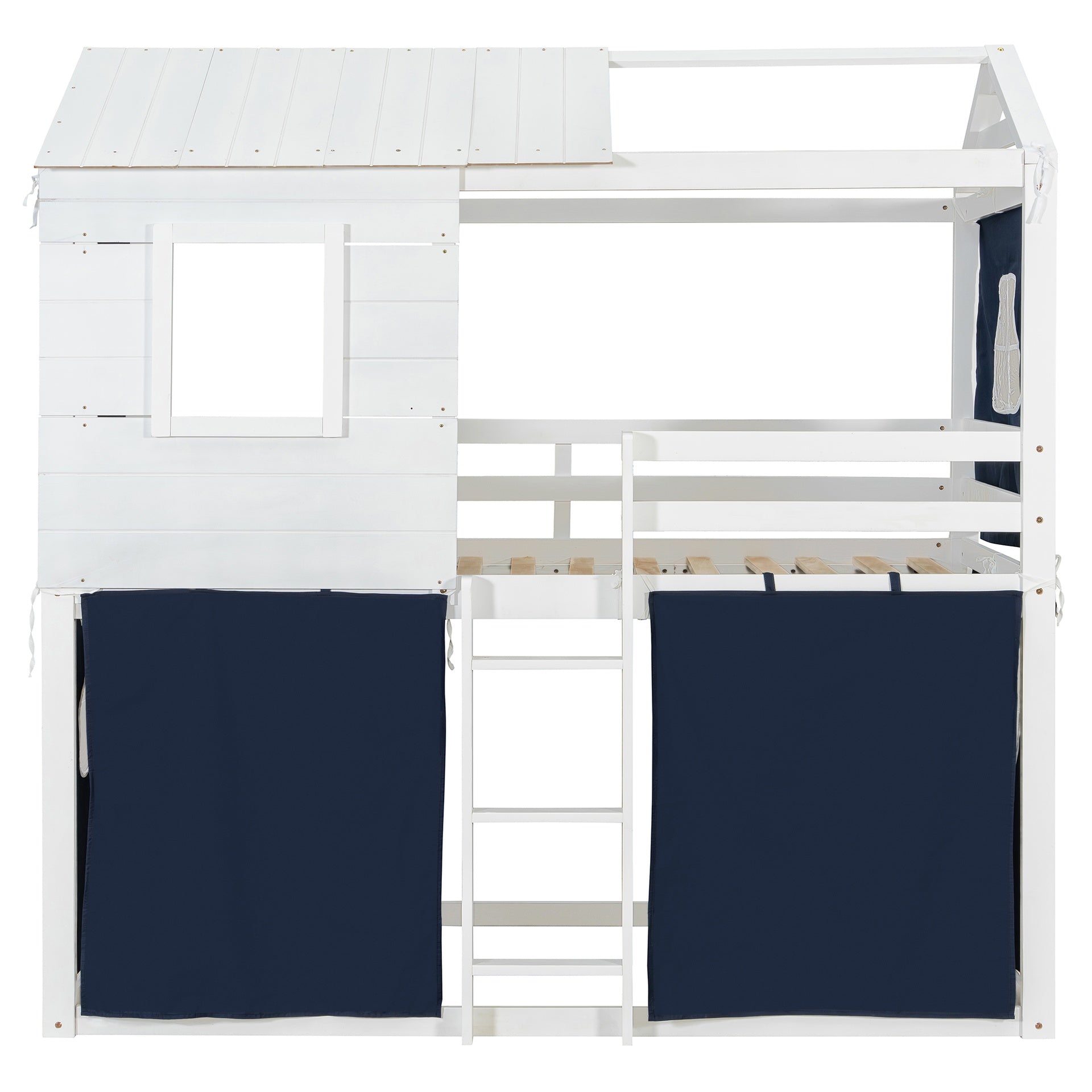 Twin Size Bunk Wood House Bed with Tent, Blue+White