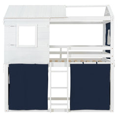 Twin Size Bunk Wood House Bed with Tent, Blue+White