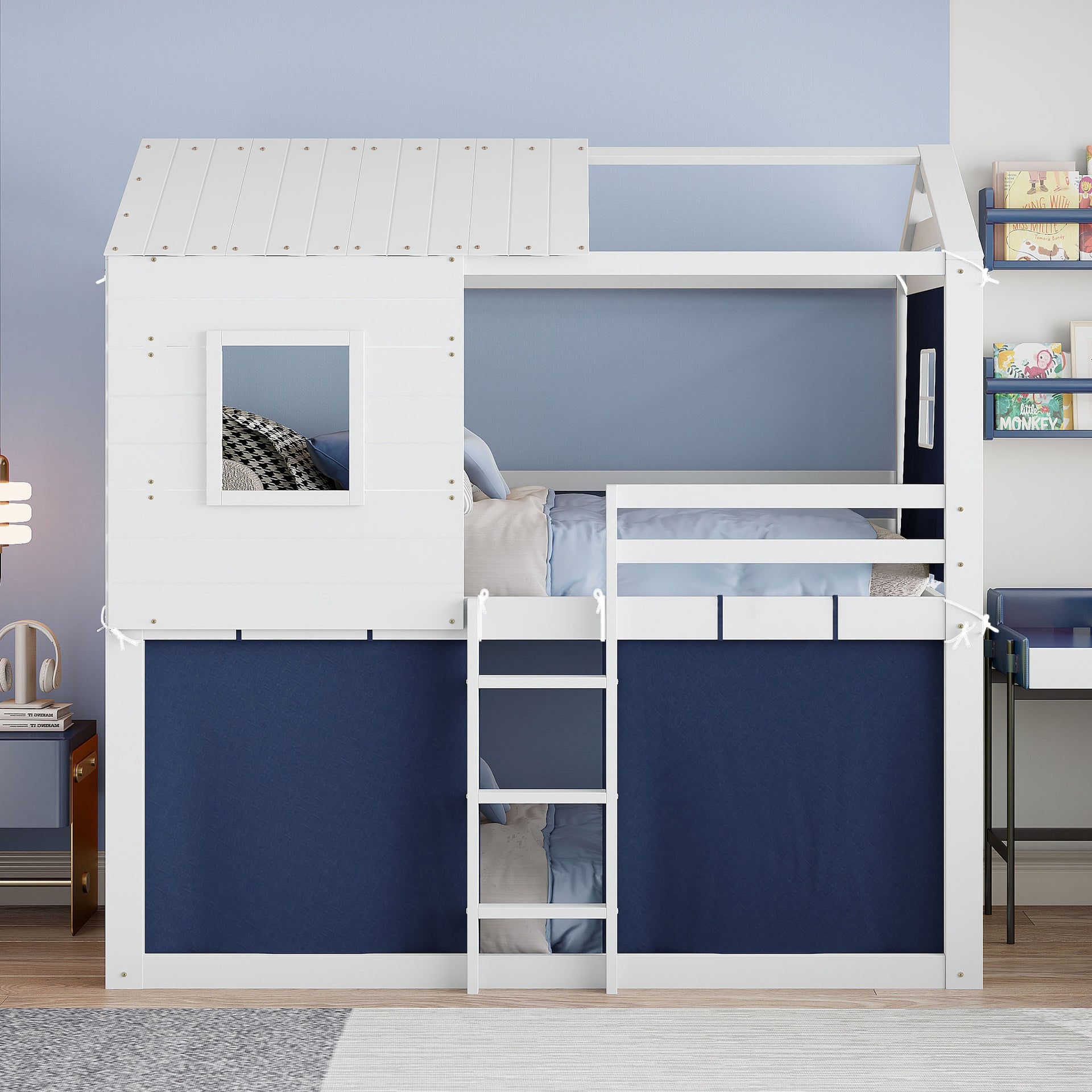 Twin Size Bunk Wood House Bed with Tent, Blue+White