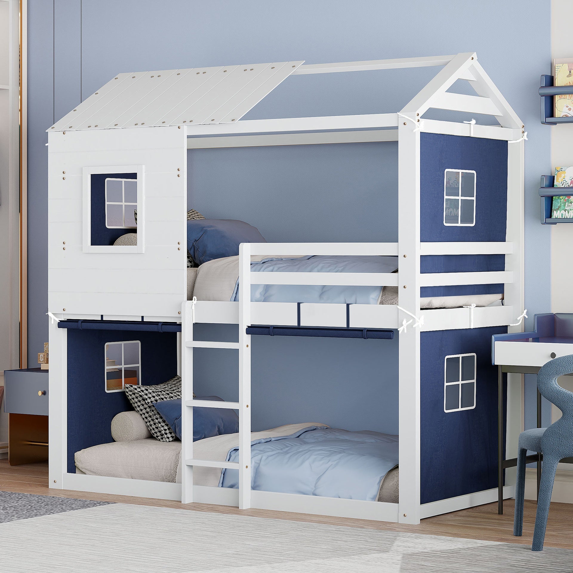 Twin Size Bunk Wood House Bed with Tent, Blue+White