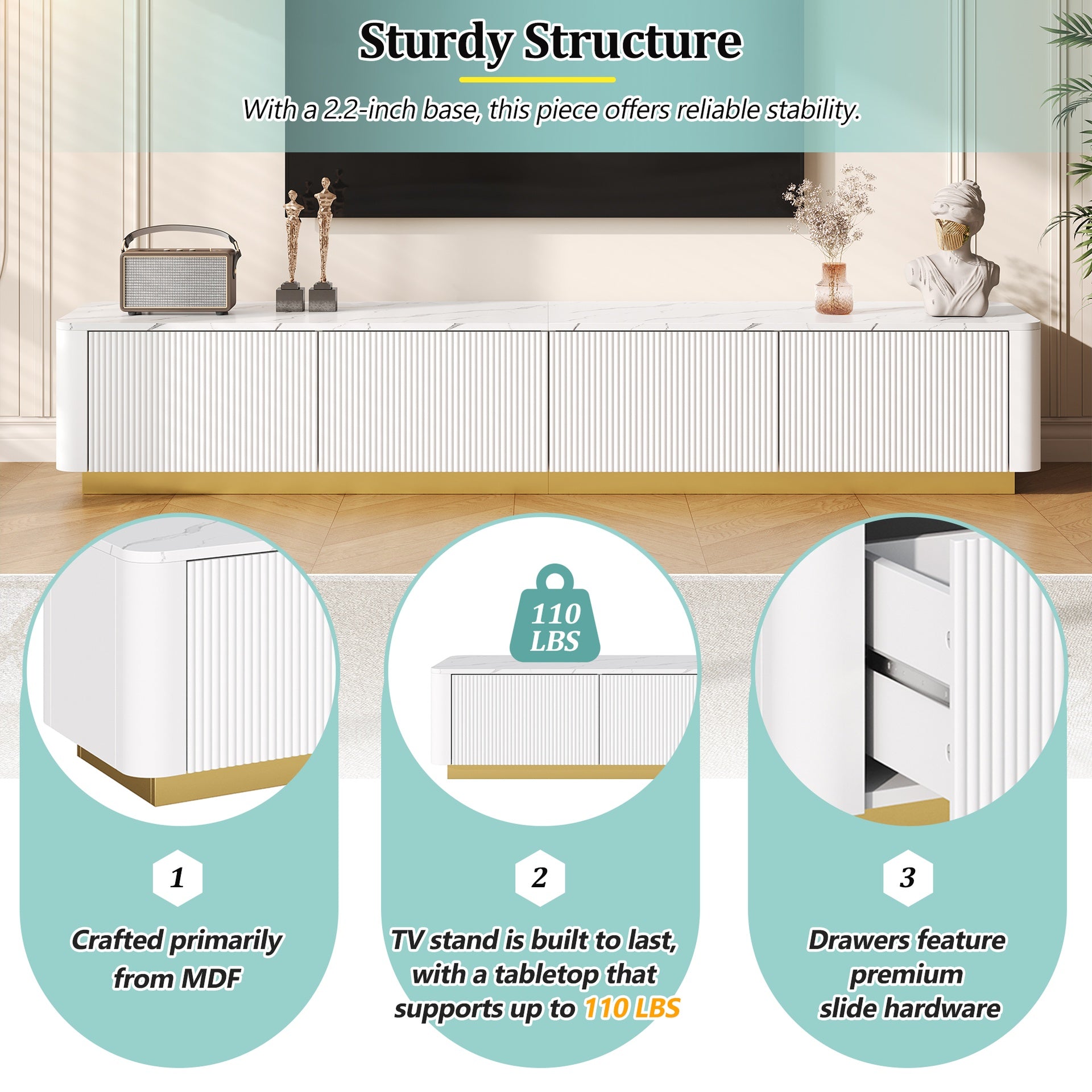 ON-TREND Luxury Fluted TV Stand for TVs Up to 85", Faux Marble Tabletop Media Console with 4 Drawers, Curved Profile Design, Modern Entertainment Center with Gold Base for Living Room, White