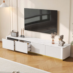 ON-TREND Luxury Fluted TV Stand for TVs Up to 85", Faux Marble Tabletop Media Console with 4 Drawers, Curved Profile Design, Modern Entertainment Center with Gold Base for Living Room, White