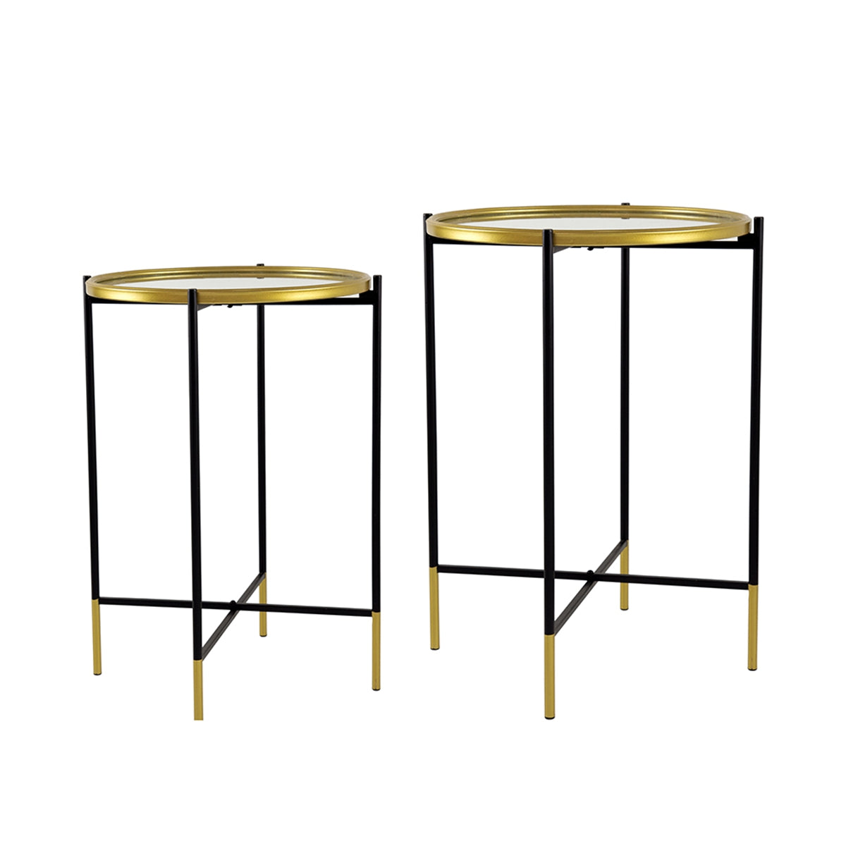 Set of 2 Gold and Black Iron Side Tables with Glass Top, L:D18x23.5" S:D16x20"