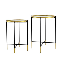 Set of 2 Gold and Black Iron Side Tables with Glass Top, L:D18x23.5" S:D16x20"