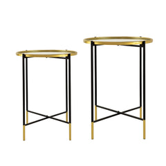 Set of 2 Gold and Black Iron Side Tables with Glass Top, L:D18x23.5" S:D16x20"