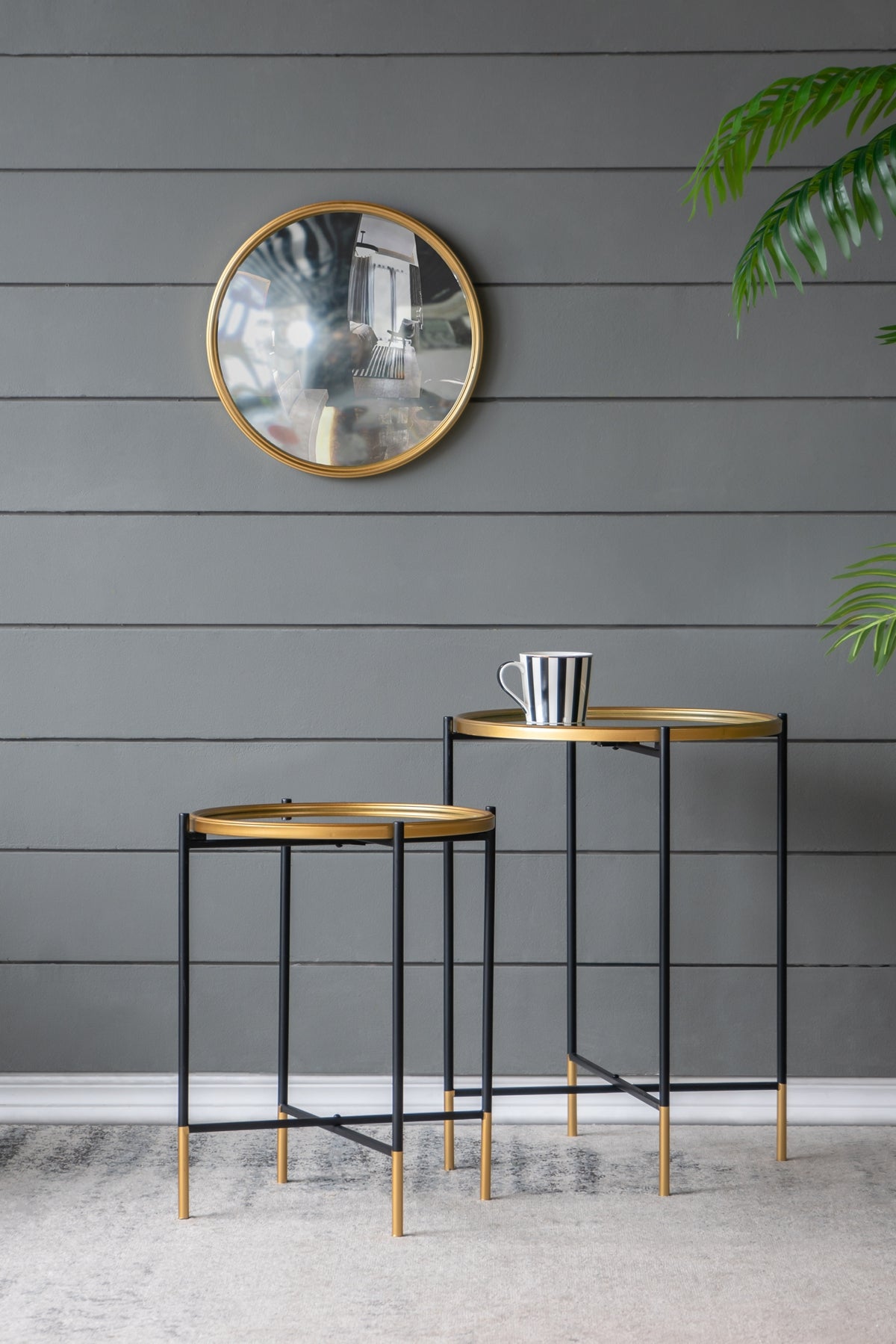 Set of 2 Gold and Black Iron Side Tables with Glass Top, L:D18x23.5" S:D16x20"