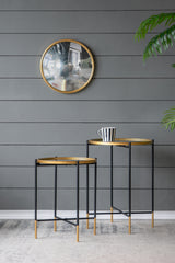 Set of 2 Gold and Black Iron Side Tables with Glass Top, L:D18x23.5" S:D16x20"
