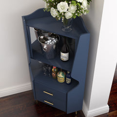 Wooden Corner bar cabinet with 2 open storage shelves and 2 drawers, mirrored back sideboard cabinet, high feet/legs for easy cleaning, buffet cabinet BLUE
