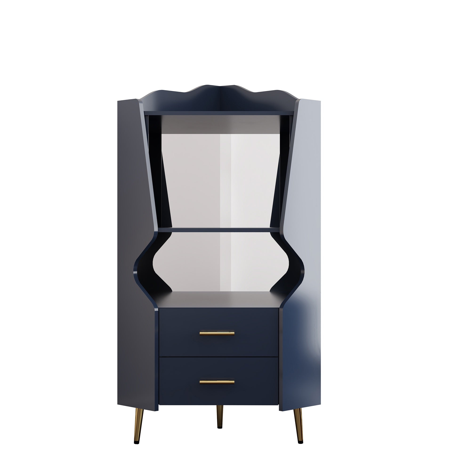 Wooden Corner bar cabinet with 2 open storage shelves and 2 drawers, mirrored back sideboard cabinet, high feet/legs for easy cleaning, buffet cabinet BLUE