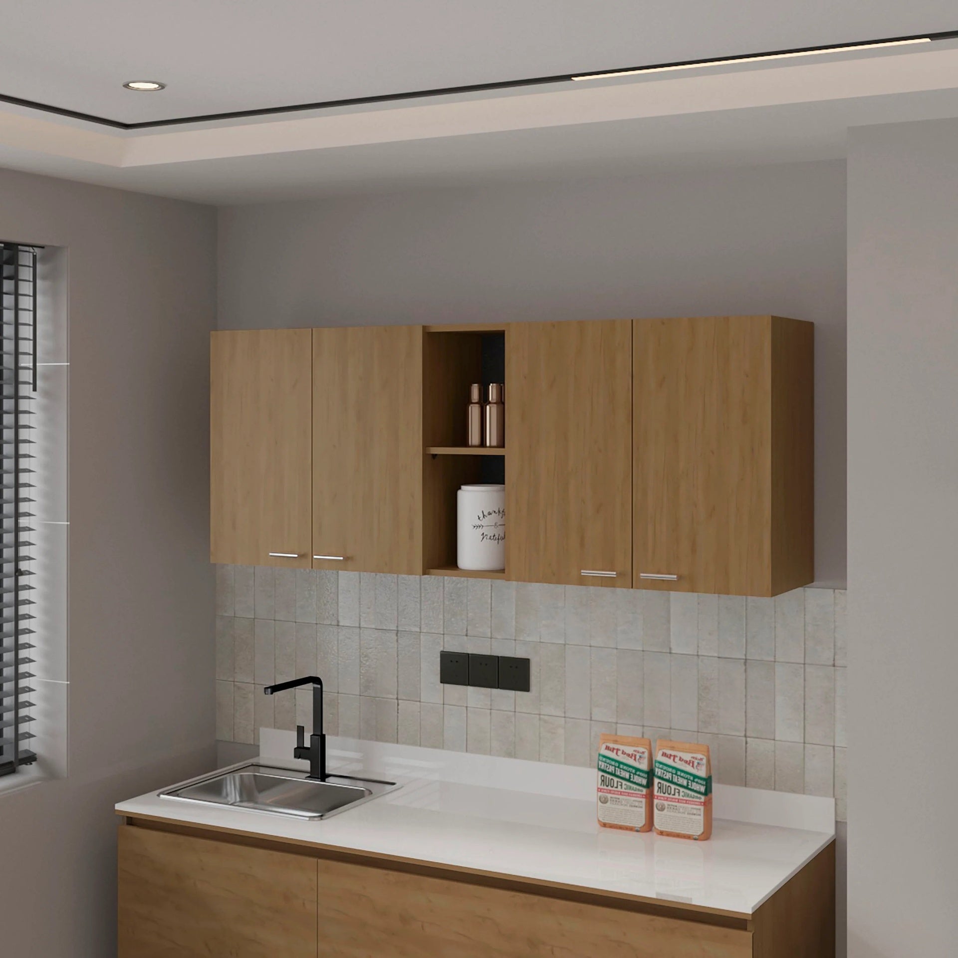 Natural Oak Wall Cabinet kitchen in Melamine with 4-Door and Open Storage