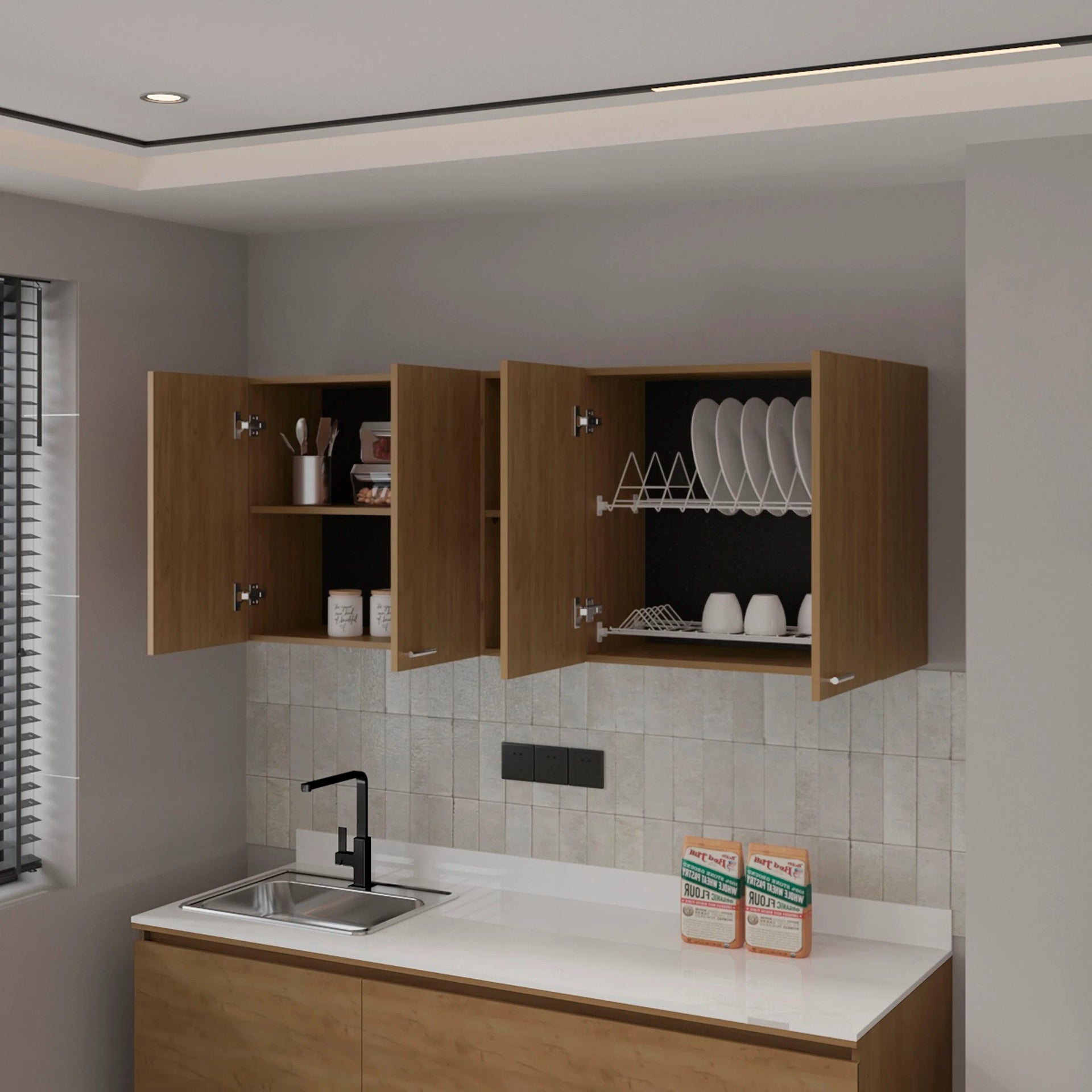 Natural Oak Wall Cabinet kitchen in Melamine with 4-Door and Open Storage