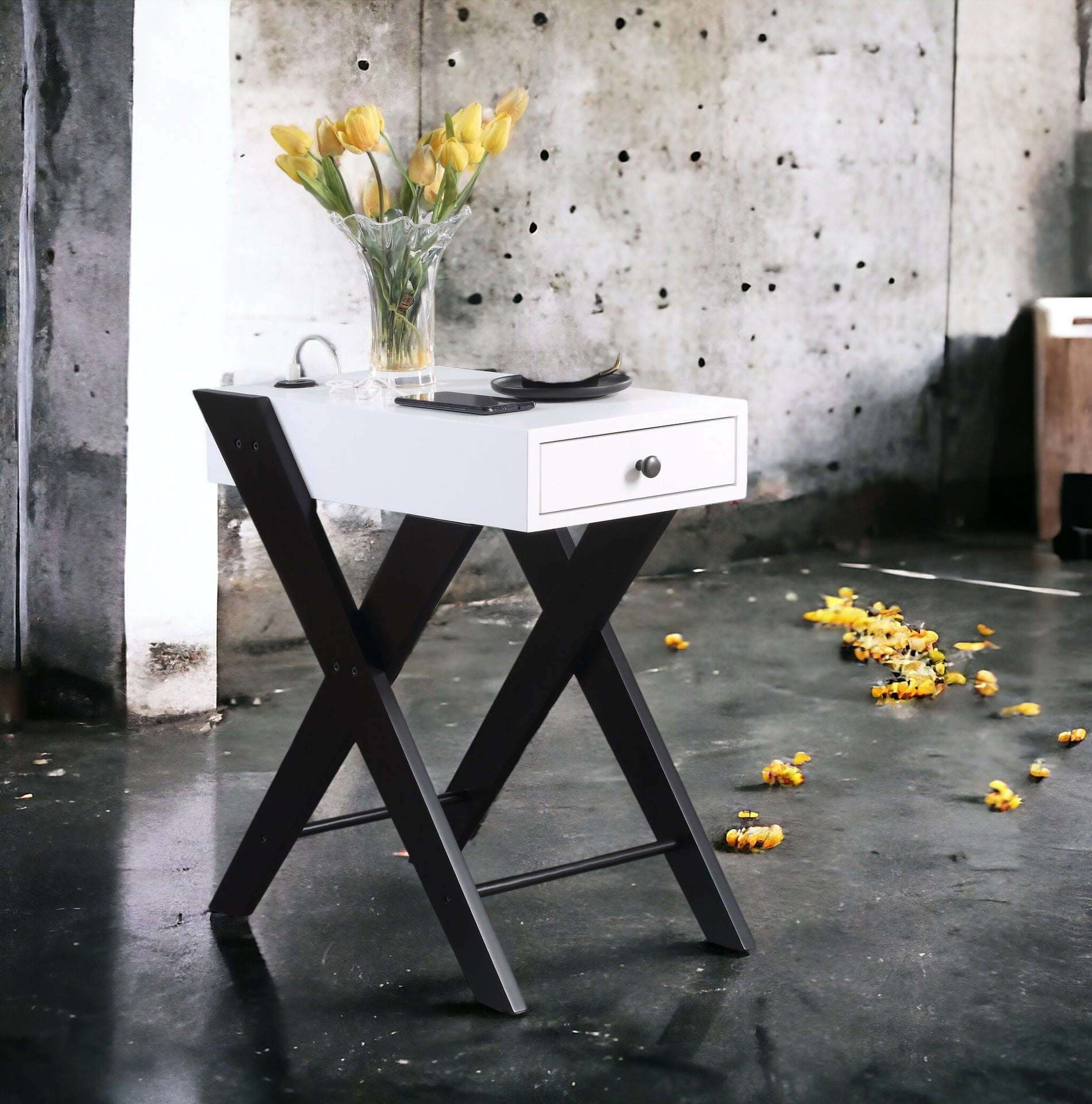 Fierce White and Black Accent Table with Built-in USB Port