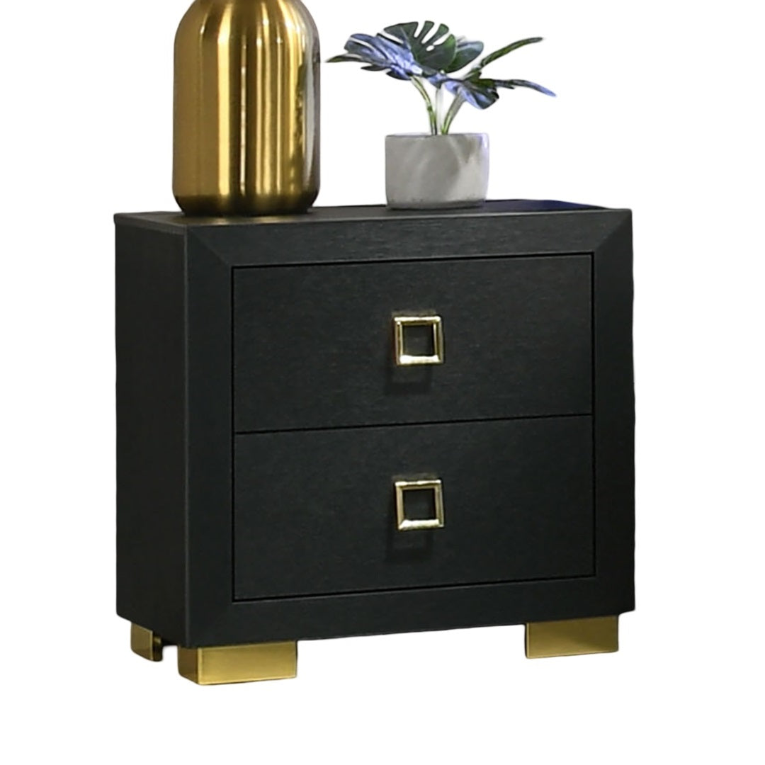 Modern 1pc Nightstand Black Color Center Glide 2-Drawers Bedside Table Square Pulls Bedroom Furniture