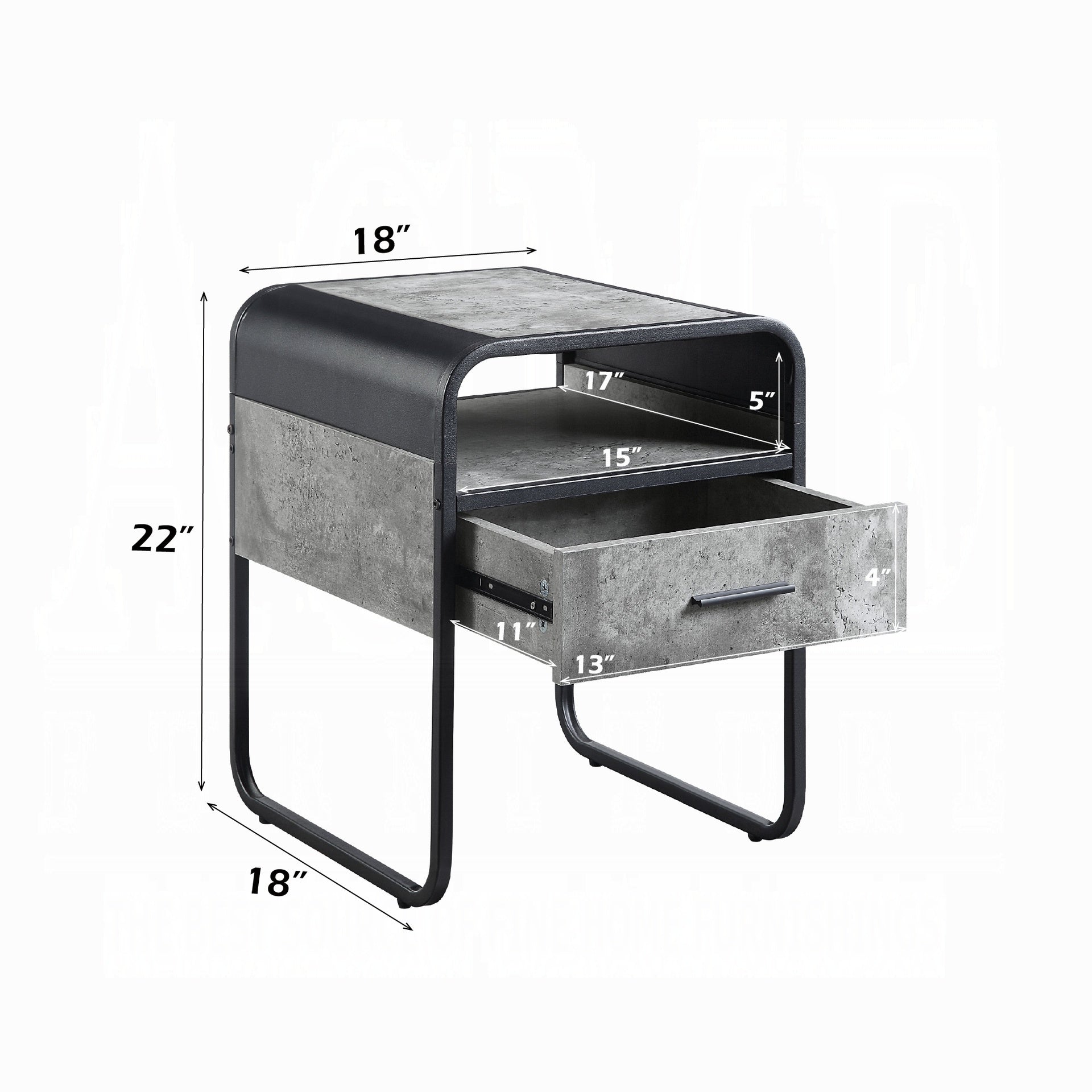 Modern Sleek Design End Table with Drawer and Shelf Black Finish Metal Frame Concrete Gray Luxury Living Room Furniture 1pc