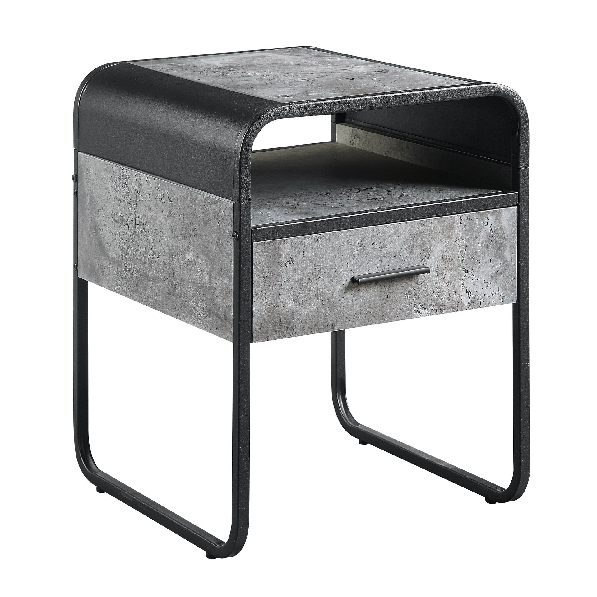 Modern Sleek Design End Table with Drawer and Shelf Black Finish Metal Frame Concrete Gray Luxury Living Room Furniture 1pc