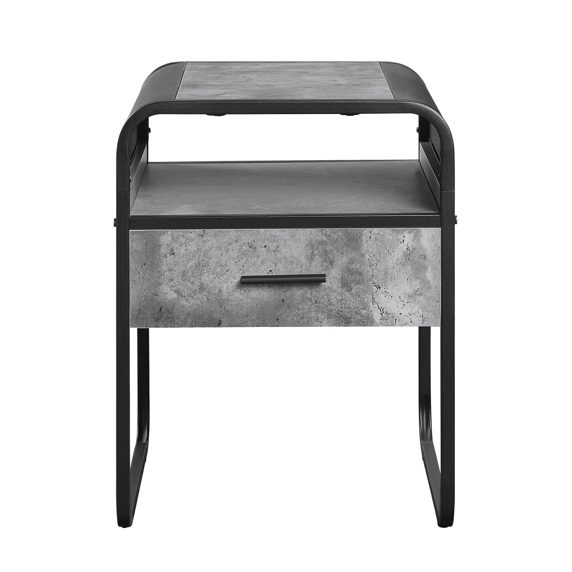 Modern Sleek Design End Table with Drawer and Shelf Black Finish Metal Frame Concrete Gray Luxury Living Room Furniture 1pc