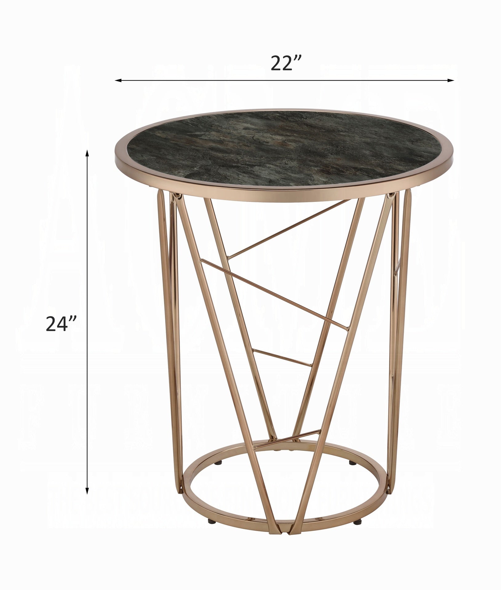 Modern Luxury End Table Round Black and Champagne Finish Living Room Furniture 1pc Faux Marble Tempered Glass Top Cone Base Metal Frame Side Table