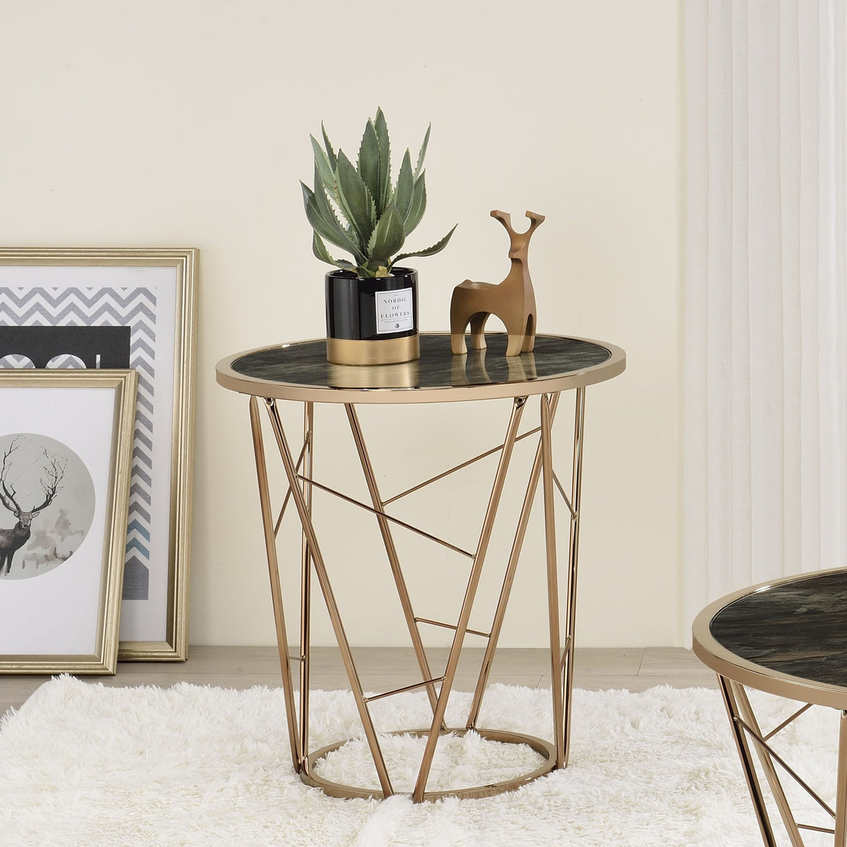 Modern Luxury End Table Round Black and Champagne Finish Living Room Furniture 1pc Faux Marble Tempered Glass Top Cone Base Metal Frame Side Table