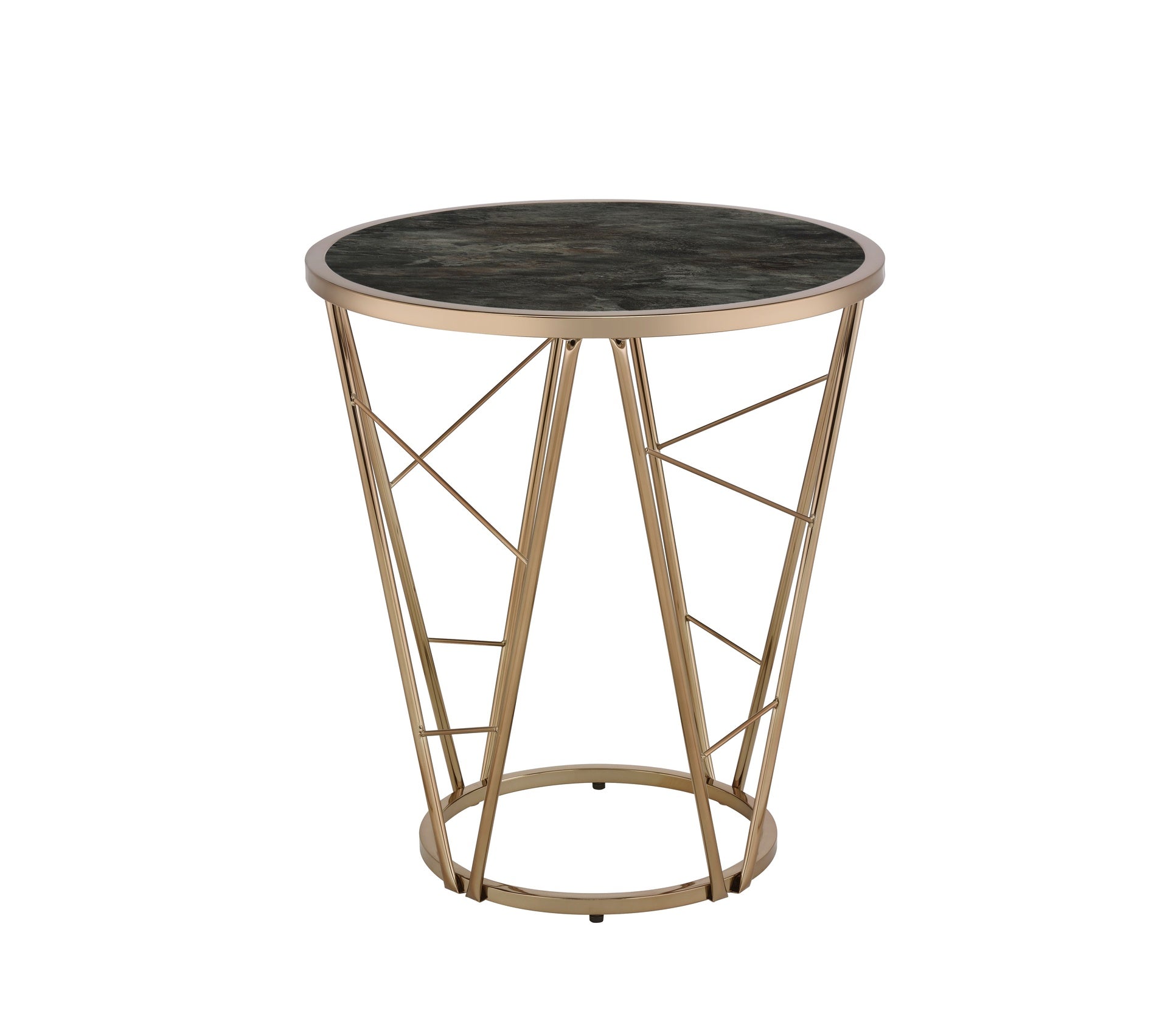 Modern Luxury End Table Round Black and Champagne Finish Living Room Furniture 1pc Faux Marble Tempered Glass Top Cone Base Metal Frame Side Table
