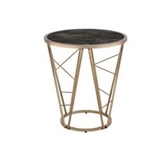 Modern Luxury End Table Round Black and Champagne Finish Living Room Furniture 1pc Faux Marble Tempered Glass Top Cone Base Metal Frame Side Table