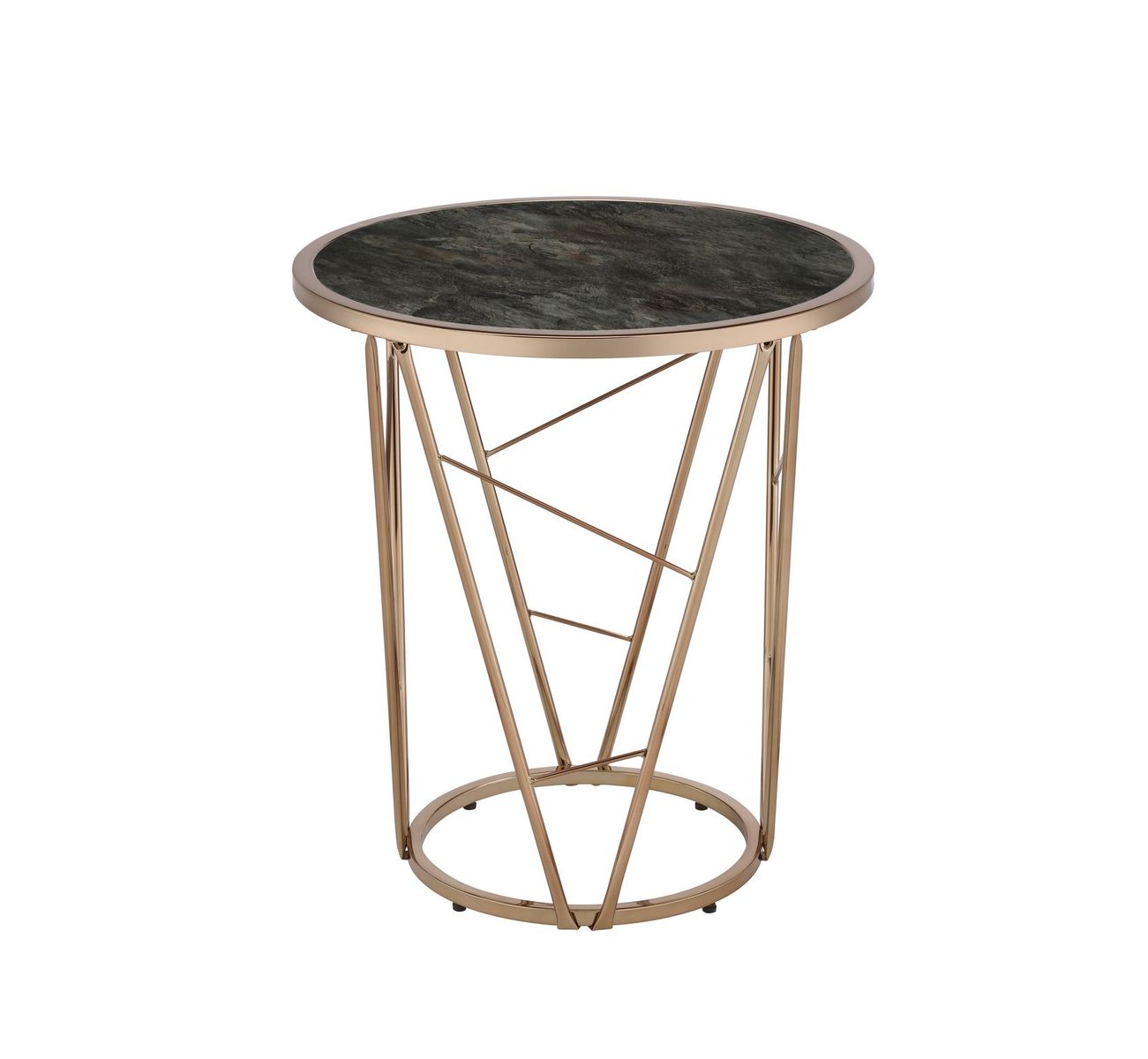 Modern Luxury End Table Round Black and Champagne Finish Living Room Furniture 1pc Faux Marble Tempered Glass Top Cone Base Metal Frame Side Table